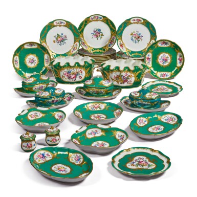 View full screen - View 1 of Lot 659. AN ASSEMBLED SEVRES APPLE-GREEN-GROUND PART DINNER SERVICE, 1760-75.