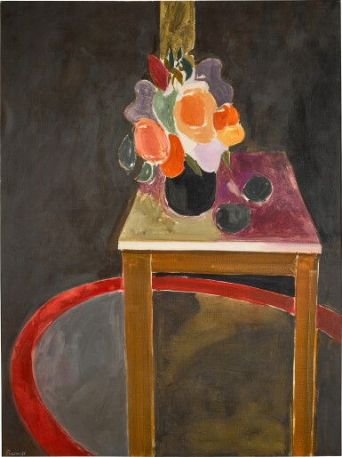 View full screen - View 1 of Lot 175. DONALD HAMILTON FRASER | TABLE WITH FLOWERS AND RED MAT.
