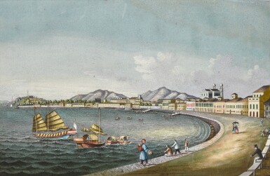 View full screen - View 1 of Lot 116. A pith paper painting of Macau, Qing dynasty, circa 1850 | 清約1850年 外銷澳門碼頭風景.