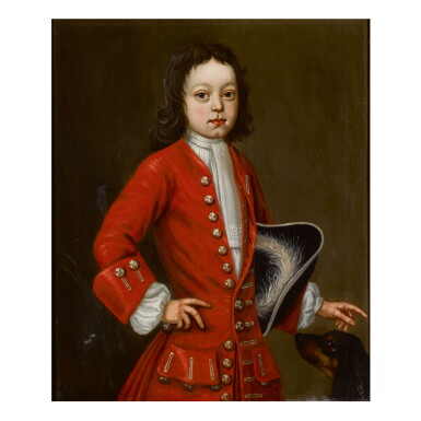 View full screen - View 1 of Lot 1633. ENGLISH SCHOOL, 18TH CENTURY | A BOY IN A RED COAT PETTING HIS DOG.