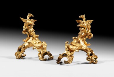 View full screen - View 1 of Lot 36. A pair of Louis XV gilt-bronze fire-dogs | Paire de chenets aux dragons en bronze doré d'époque Louis XV.