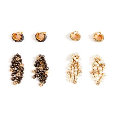 View full screen - View 1 of Lot 630. Frances Patiky Stein's Collection: Frances Patiky Stein's Collection: Three Pairs of Earclips with Pearls and Strass, Circa 1971-1986.