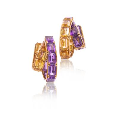 View full screen - View 1 of Lot 1075. Pair of citrine and amethyst earrings, circa 1940.