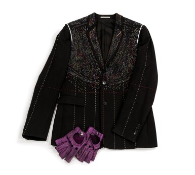 View full screen - View 1 of Lot 376. Black Wool and Multi Colored Stitching Jacket, circa 2000 | Veste en laine rouge et broderies de fils colorés, surpiqûres rouges et blanches, circa 2000.