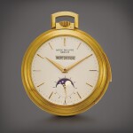 Reference 844 | A yellow gold minute repeating openface watch with straight line perpetual calendar and moon phases, Retailed by Chronometre Beyer Zurich, Made in 1977 | 百達翡麗 | 型號844 | 黃金三問直線萬年曆懷錶,備月相顯示,由 Chronometre Beyer Zurich 發行,1977年製