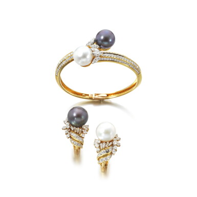 View full screen - View 1 of Lot 893. Cultured pearl and diamond demi-parure, circa 1985.