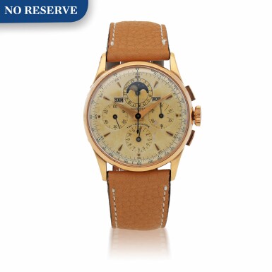View full screen - View 1 of Lot 202. TRI-COMPAX, REF 12295 PINK GOLD TRIPLE CALENDAR CHRONOGRAPH WRISTWATCH WITH MOON PHASES CIRCA 1950.