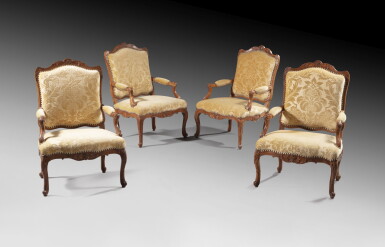 View full screen - View 1 of Lot 24. A set of four carved beechwood armchairs, French Regency | Suite de quatre fauteuils à la reine en hêtre sculpté d'époque Régence.