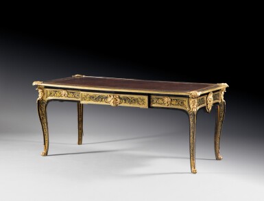 View full screen - View 1 of Lot 22. A Louis XV gilt-bronze mounted Boulle marquetry writing desk, circa 1760, after a model by André-Charles Boulle | Bureau plat en placage d'ébène, bois noirci et écaille brune d'époque Louis XV, vers 1760, d'après un modèle d'André-Charles Boulle.