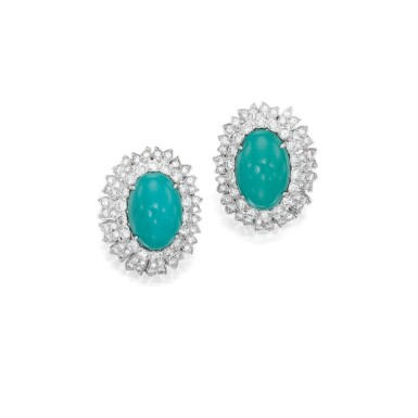 View full screen - View 1 of Lot 126. David Webb | Pair of Turquoise and Diamond Earclips.