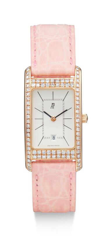 View full screen - View 1 of Lot 8081. AUDEMARS PIGUET | EDWARD PIGUET, A PINK GOLD AND DIAMOND-SET WRISTWATCH WITH DATE, CIRCA 1999.