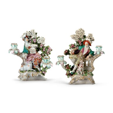View full screen - View 1 of Lot 603. A PAIR OF DERBY BOCAGE CANDLESTICK FIGURES ALLEGORICAL OF 'LIBERTY' AND 'MATRIMONY', CIRCA 1770-75.