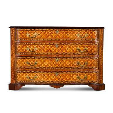 View full screen - View 1 of Lot 99. A Russian mounted stained sycamore, tulipwood, amaranth, marquetry and parquetry commode, circa 1780.
