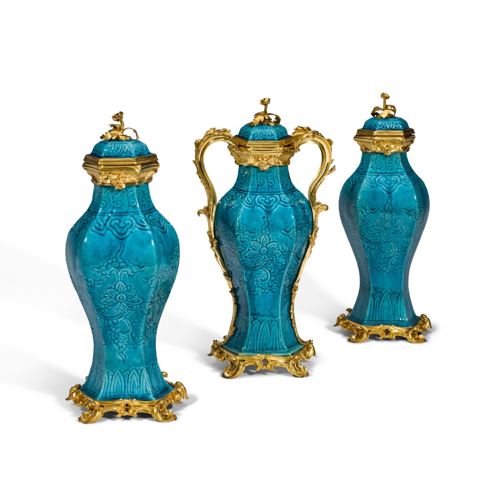 View full screen - View 1 of Lot 106. A Louis XV gilt-bronze mounted three-piece porcelain vase garniture, the porcelain Kangxi period (1662-1722), the mounts circa 1760.