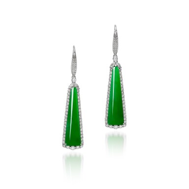 View full screen - View 1 of Lot 2786. Pair of Jadeite and Diamond Pendent Earrings | 天然翡翠 配 鑽石 耳墜一對.