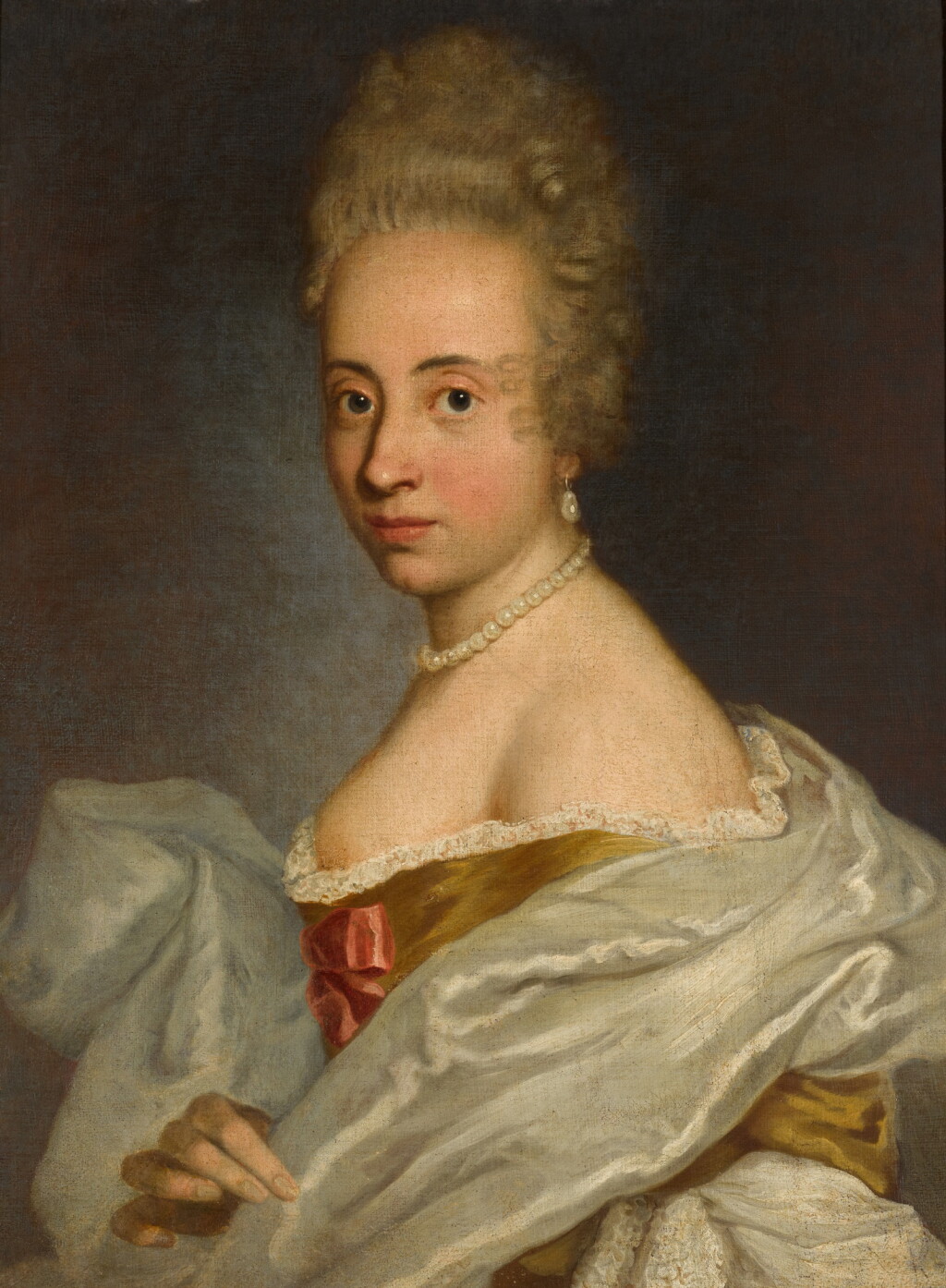 View full screen - View 1 of Lot 83. Portrait of a lady, three-quarter-length, wearing a yellow dress with a pink bow and a white shawl .