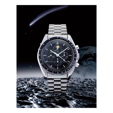 View full screen - View 1 of Lot 45. OMEGA | SPEEDMASTER REF 345.0809 'RED DOT SPEEDYMOON', A STAINLESS STEEL CHRONOGRAPH WRISTWATCH WITH MOON PHASES AND BRACELET, CIRCA 1986.