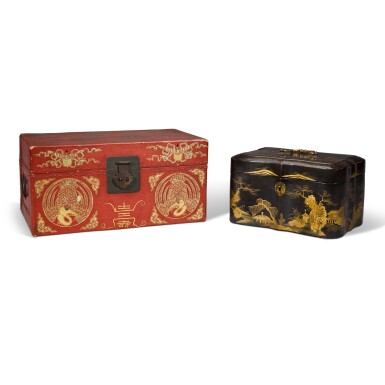 View full screen - View 1 of Lot 43. A Victorian lacquered tea caddy and a northern European red-japanned casket, 19th century.