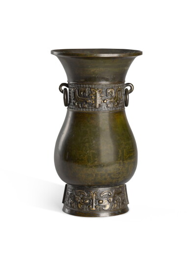 View full screen - View 1 of Lot 56. A large gold-inlaid bronze 'taotie' vase, Qing dynasty.