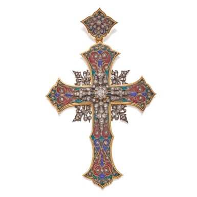 View full screen - View 1 of Lot 104. Gold, Silver, Enamel and Diamond 'Cross' Pendant.