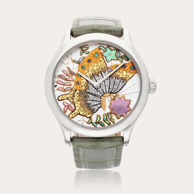 View full screen - View 1 of Lot 451. Midnight Extraordinary Japanese Lacquer | A limited edition white gold automatic wristwatch with mother-of-pearl and maki-e lacquer dial depicting a butterfly resting amongst flowers, Circa 2010.