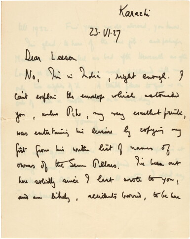View full screen - View 1 of Lot 71. T. E. Lawrence | Autograph letter signed, to Leeson, on his life in India, 23 June 1927.