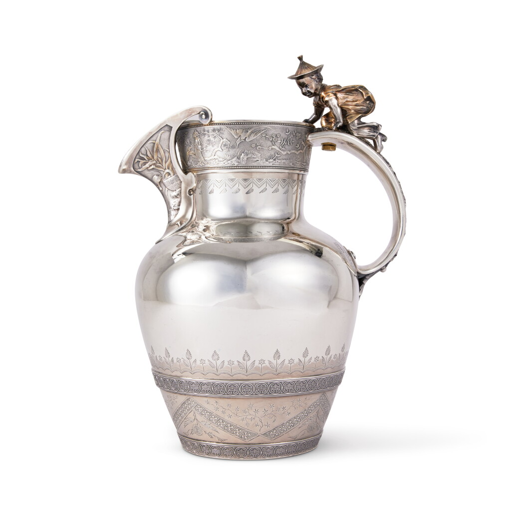 View full screen - View 1 of Lot 1051. An American Parcel-Gilt Silver Chinoiserie Pitcher, Gorham Mfg. Co., Providence, RI, 1872.