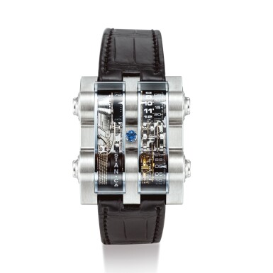 View full screen - View 1 of Lot 2298. CABESTAN | WINCH TOURBILLON VERTICAL, REFERENCE CAB 0128 A LIMITED EDITION TITANIUM VERTICAL TOURBILLON SKELETONISED WRISTWATCH WITH CHAIN FUSÉE AND BLUE SAPPHIRE, CIRCA 2010 | "Winch Tourbillon Vertical 型號CAB0128 限量版鈦金屬垂直陀飛輪鏤空腕錶,備芝麻鏈傳動系統及藍寶石,機芯編號059/110,約2010年製".
