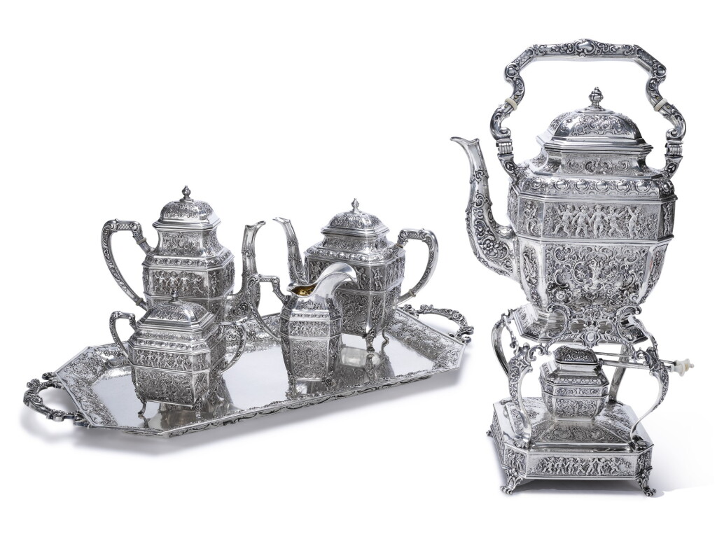 View full screen - View 1 of Lot 231. A GERMAN SILVER FIVE-PIECE TEA AND COFFEE SET WITH MATCHING TRAY, POSSIBLY ROBBE & BERKING, FLENSBURG, EARLY 20TH CENTURY.