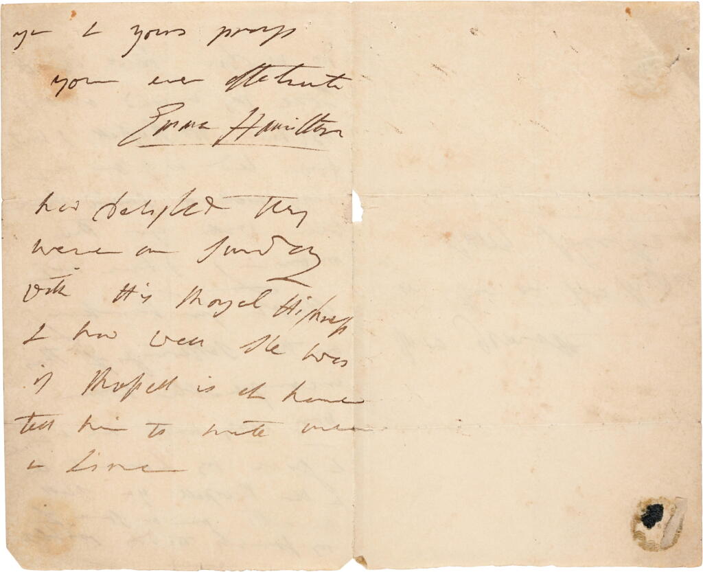 View full screen - View 1 of Lot 325. Emma, Lady Hamilton | Autograph letter signed, on a friend's illness, c.1811.