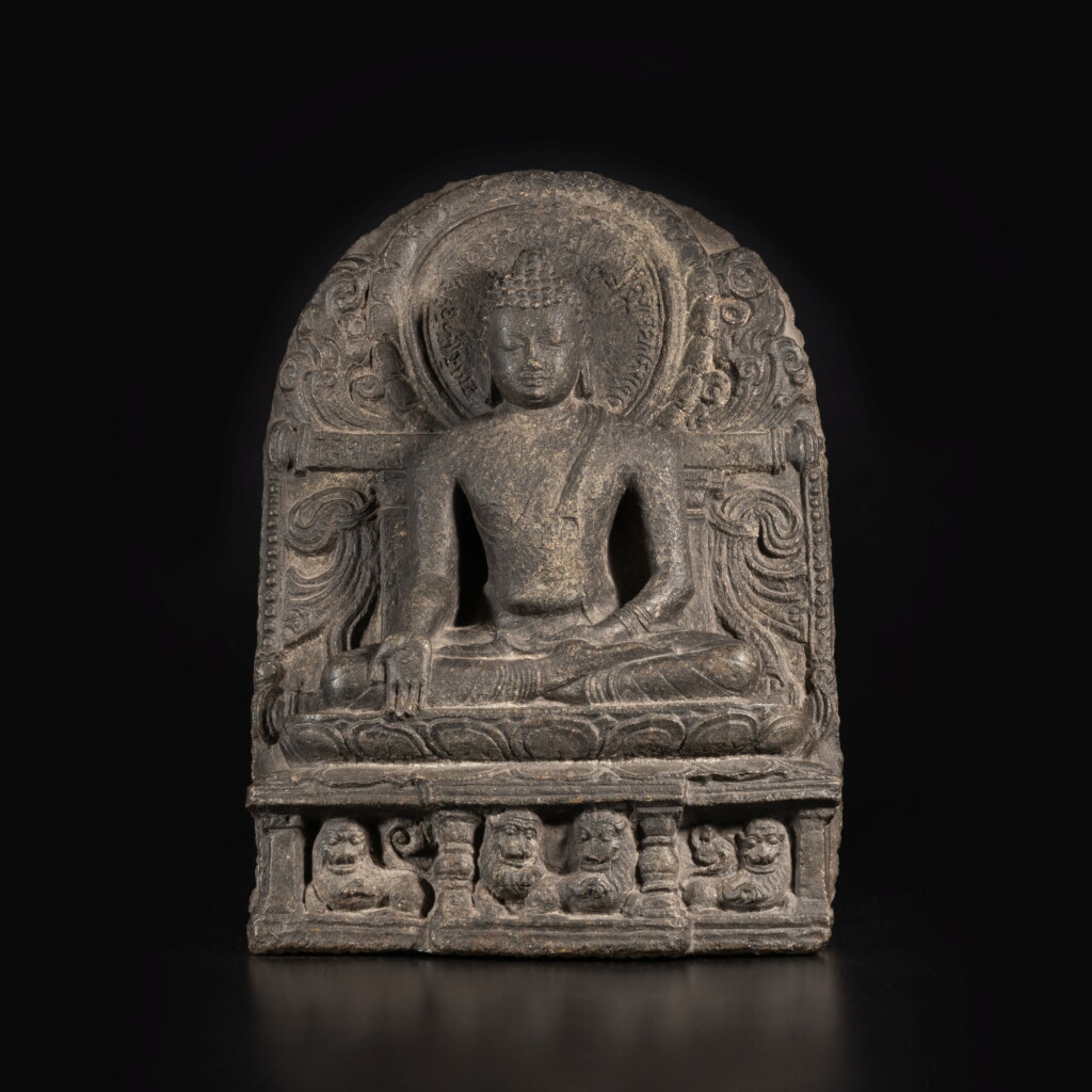 View full screen - View 1 of Lot 572. A stone figure of Maravijaya Buddha, Eastern India, Pala period, 10th / 11th century .