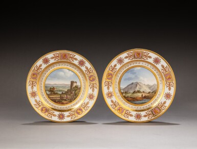 View full screen - View 1 of Lot 68. A pair of Sèvres (hard paste) porcelain topographical dessert plates from the ‘Service des Vues Suisses’ given by Emperor Napoléon I to Eugène de Beauharnais, 1811.