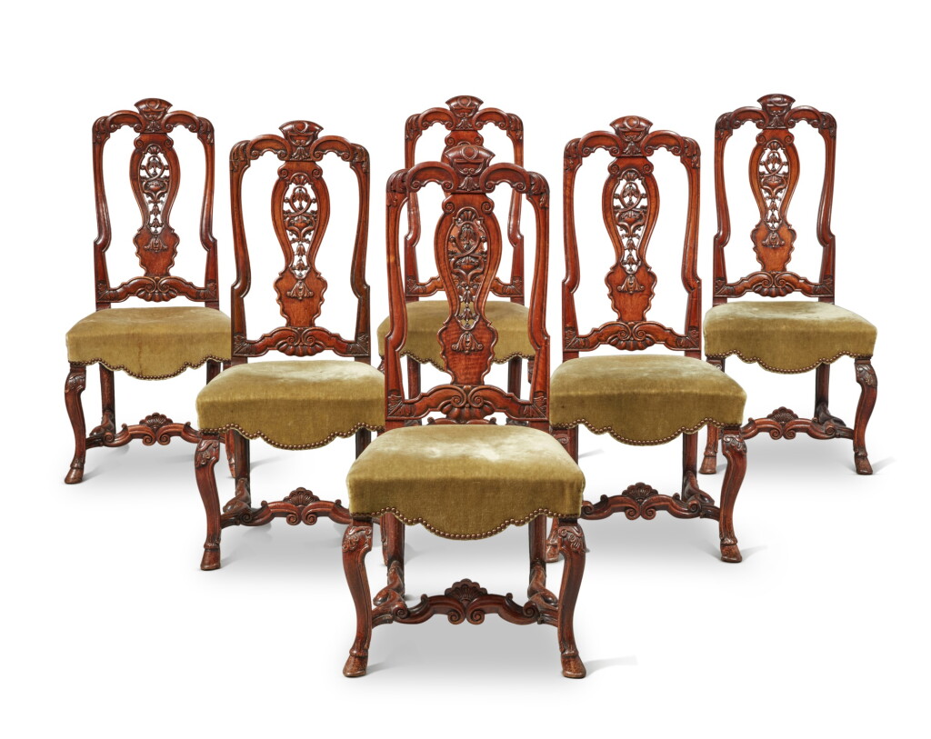 View full screen - View 1 of Lot 112. A Set of Six Anglo-Dutch William and Mary Style Carved Walnut 'Marot' Side Chairs, 19th Century.
