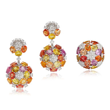 View full screen - View 1 of Lot 640. Coloured Sapphire and Diamond Demi-Parure | 彩色剛玉 配 鑽石 戒指 及 耳環套装.