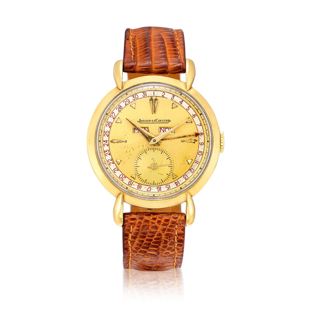 View full screen - View 1 of Lot 8272. Triple Date Calendar | A yellow gold triple calendar wristwatch, Circa 1940 | 積家 Triple Date Calendar | 黃金全日曆腕錶,約1940年製.