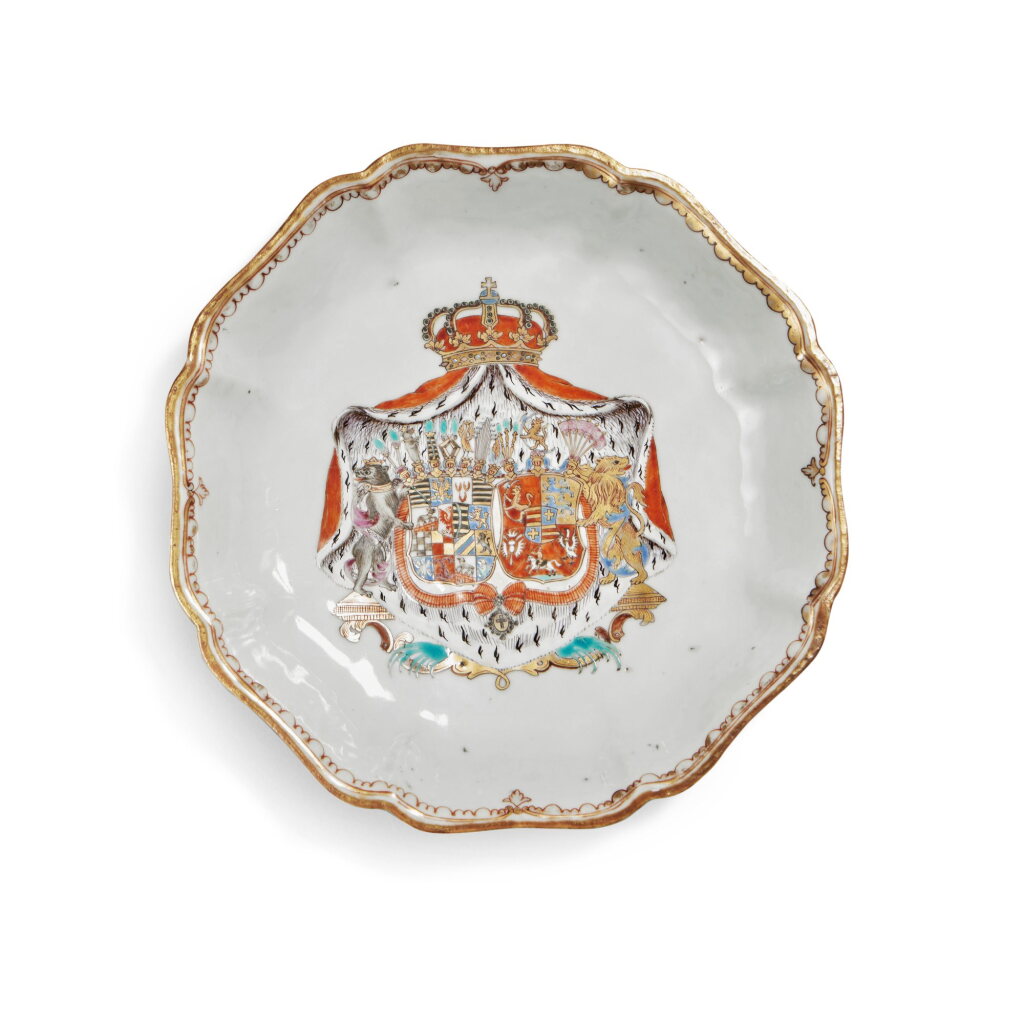 View full screen - View 1 of Lot 677. A Chinese Export Royal Armorial Scalloped-Rim Dish, Qing Dynasty, Qianlong Period, circa 1740.