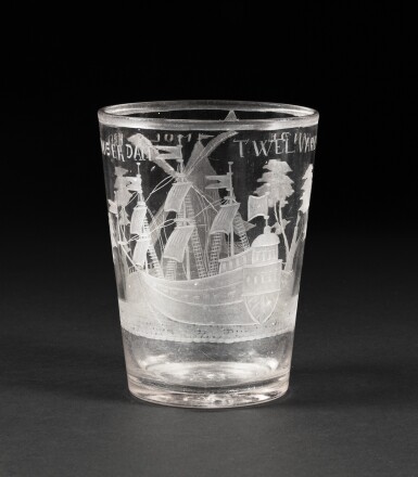 View full screen - View 1 of Lot 138. A Dutch engraved glass beaker, 19th century | Gobelet en verre gravé, travail hollandais, XIXe siècle.