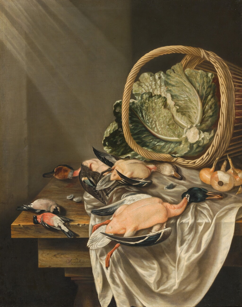 View full screen - View 1 of Lot 58. JACOBUS BILTIUS | Kitchen still life with an overturned basket of lettuce, game and vegetables, all on a wooden table draped in a white cloth.