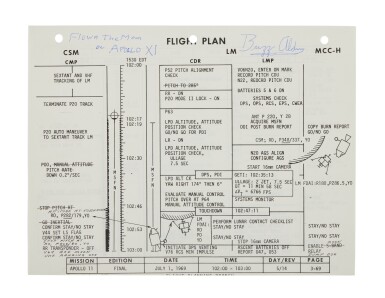 View full screen - View 1 of Lot 8. FLOWN Apollo 11 Flight Plan sheet—Demonstrating the Touchdown of Lunar Module "Eagle" on the Lunar Surface.