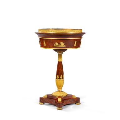 View full screen - View 1 of Lot 57. An Empire gilt-bronze mounted mahogany and mahogany veneered jardinière, circa 1810, attributed to Johannes Klinkerfuss.
