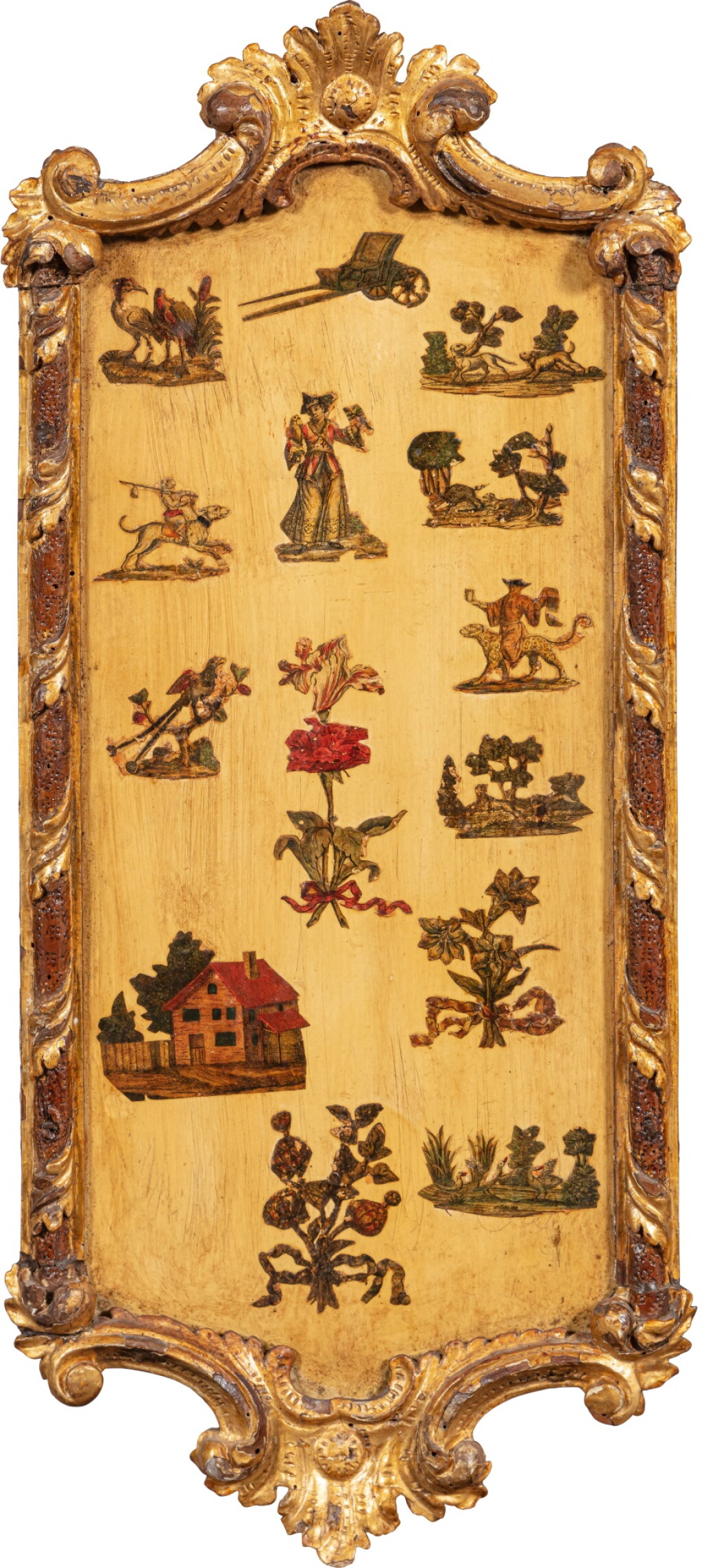 View full screen - View 1 of Lot 10. A set of six Italian gilt and painted wood decorative panels, Genoa, circa 1770 | Six panneaux décoratifs en bois peint et bois doré, Gênes, vers 1770.