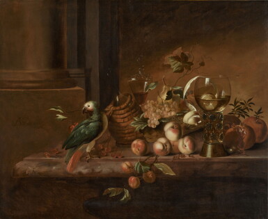 View full screen - View 1 of Lot 68. Still life with a roemer, peaches, grapes, cherries, pomegranates and a pear on a ledge with a grey parrot.
