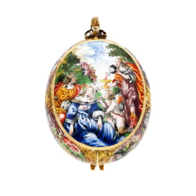 View full screen - View 1 of Lot 131. An oval gold and polychrome enamel painted watch case with later custom-made movement Case circa 1665-1675, movement circa 1760.
