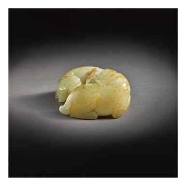 View full screen - View 1 of Lot 204. AN EXCEPTIONAL AND RARE WHITE AND RUSSET JADE 'MYTHICAL BEAST' CARVING , QING DYNASTY, QIANLONG PERIOD .