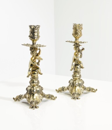 View full screen - View 1 of Lot 3. A pair of Dutch silver-gilt candlesticks, Andries Grill, The Hague, 1648.
