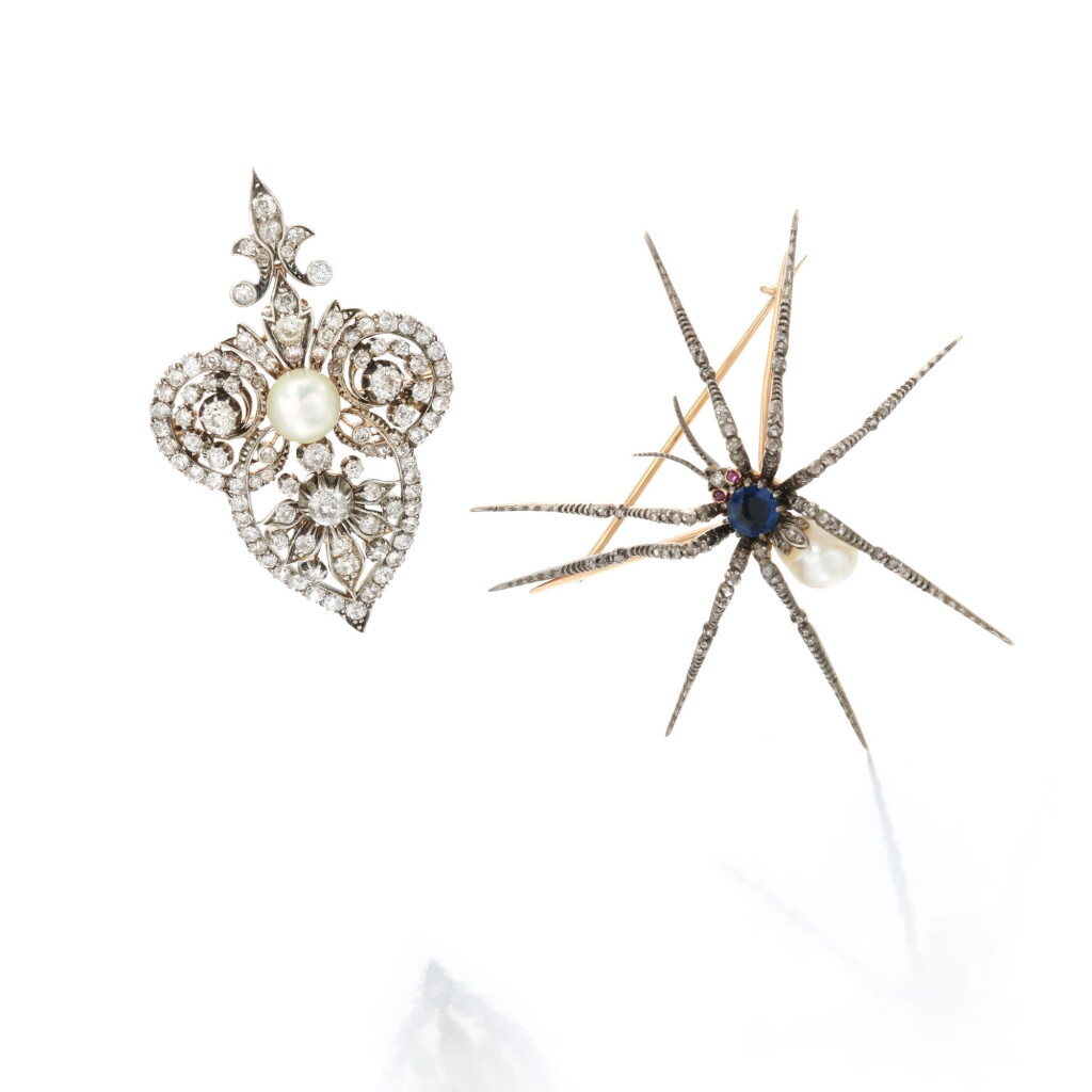 View full screen - View 1 of Lot 12. Natural pearl and diamond pendant and natural pearl, sapphire and diamond brooch.