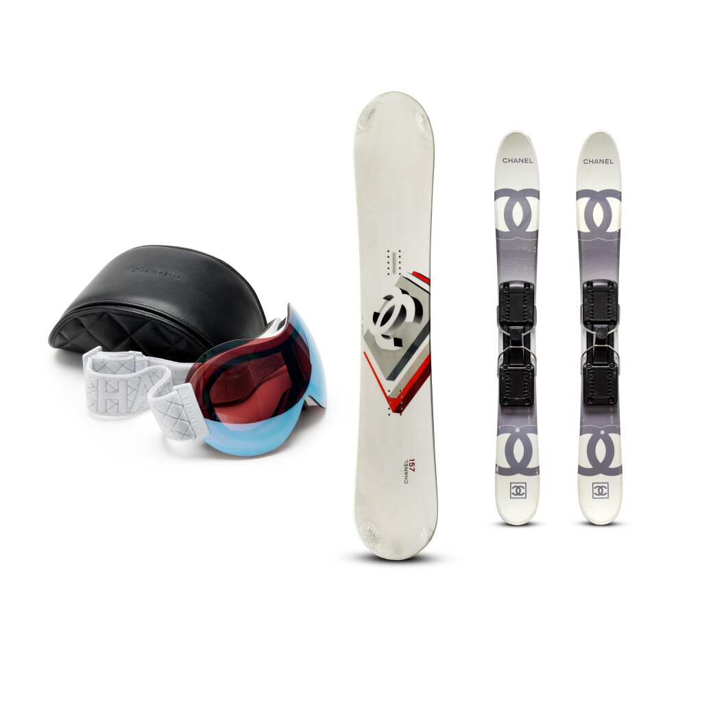 View full screen - View 1 of Lot 191. Set of Three White and Grey CC Snow Blades, 2000-2002, White and Red Lacquered Wood and Fiberglass 'Signature Luxury In The Alps' Snowboard, 2001 and White and Pink Mirrored Coco Neige Ski Googles, 2020.