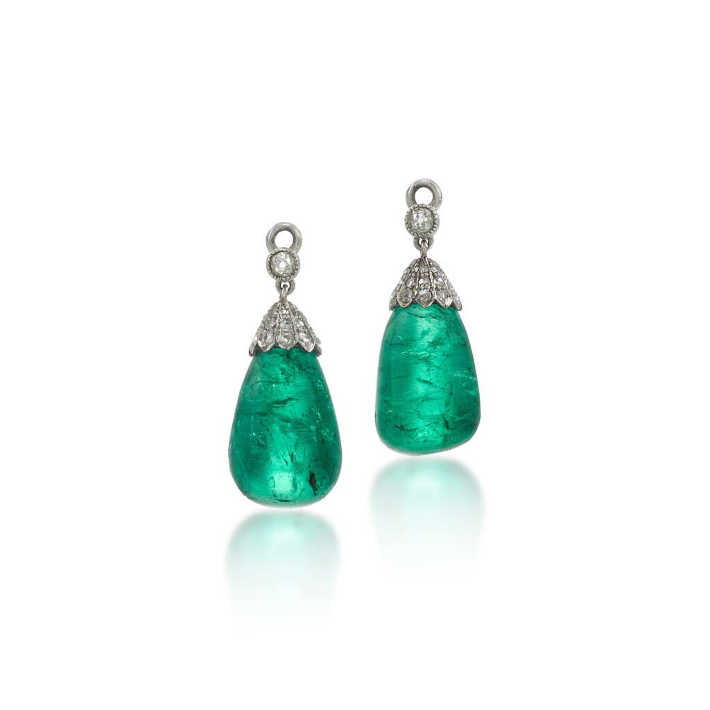 View full screen - View 1 of Lot 105. Pair emerald and diamond pendants.