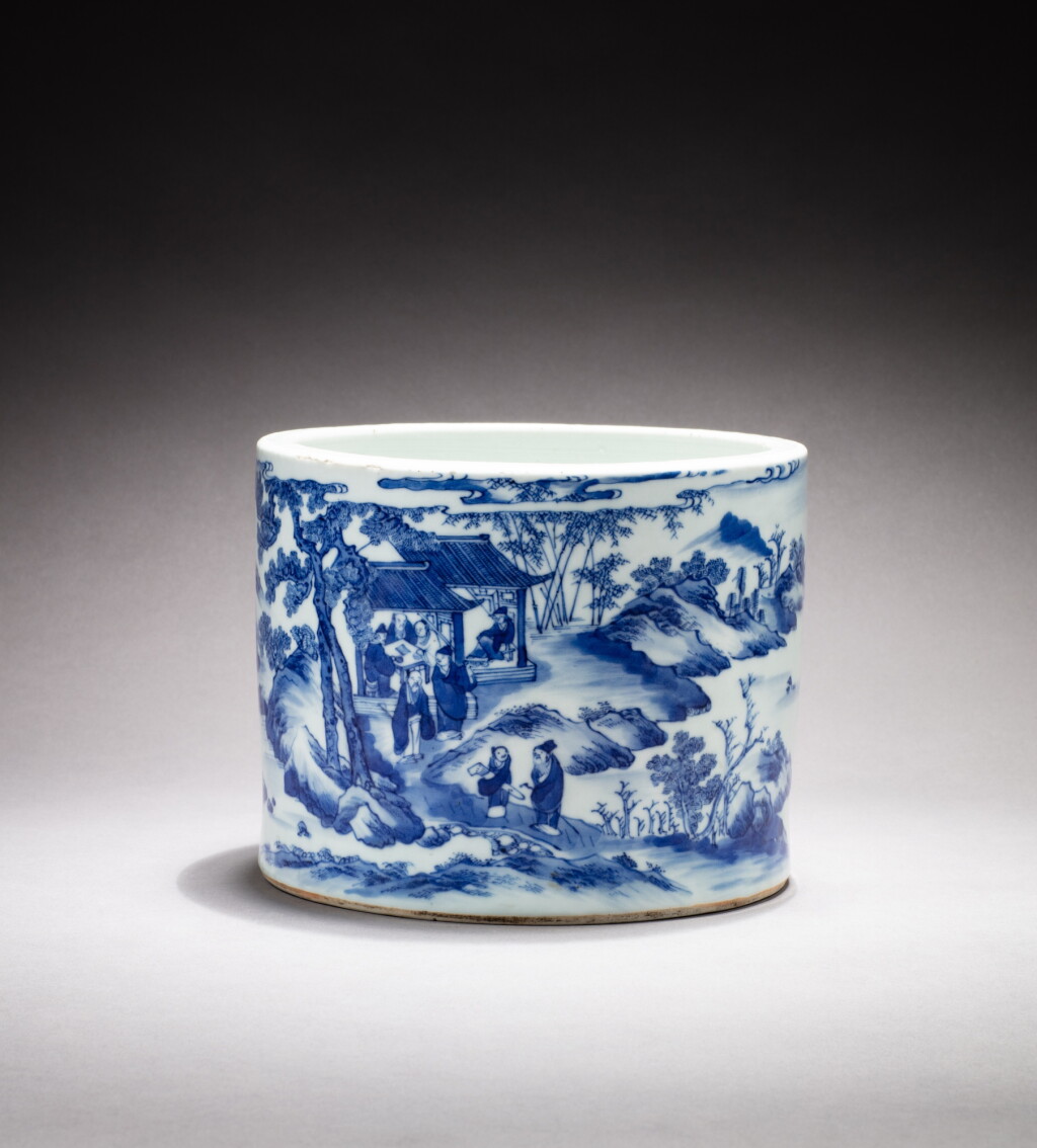 View full screen - View 1 of Lot 67. A blue and white 'literati' brushpot, Qing dynasty, 19th century | 清十九世紀 青花人物故事圖筆筒.