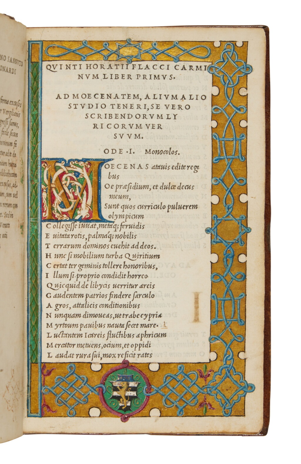 View full screen - View 1 of Lot 780. Horatius Flaccus, Horatius, Venice, Aldo, 1501, Bolognese brown goatskin (between 1501 and 1503), arms of Mino Rossi and illuminated initials throughout.